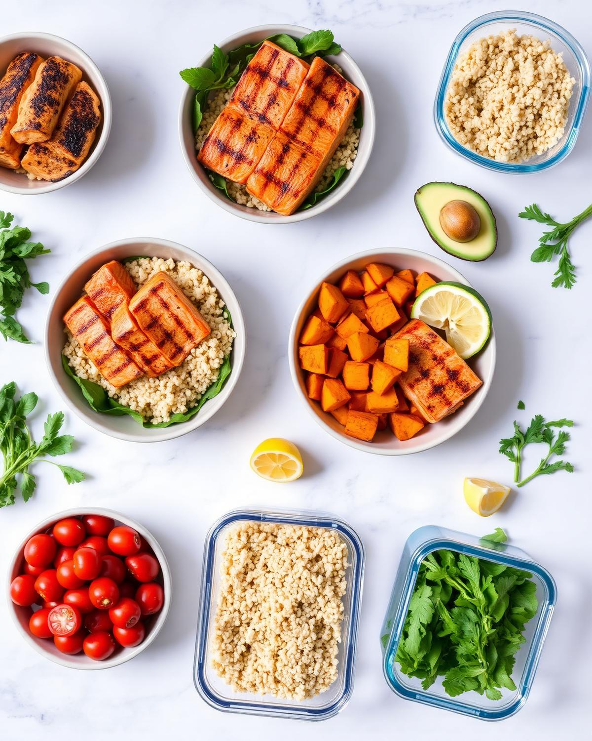 Fresh meal prep ingredients — grilled salmon, quinoa, roasted sweet potatoes, avocado, and greens